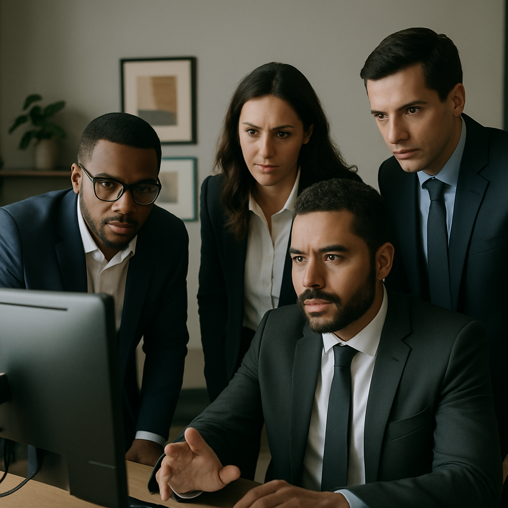 Empresários consultando informações fiscais em escritório.