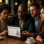 Grupo de empresários discutindo planilhas DRE em café