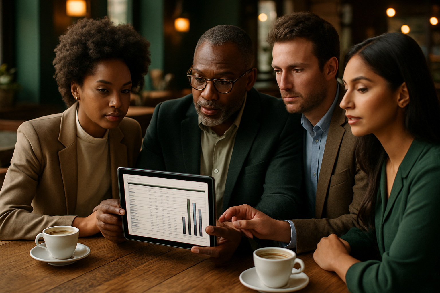 Grupo de empresários discutindo planilhas DRE em café