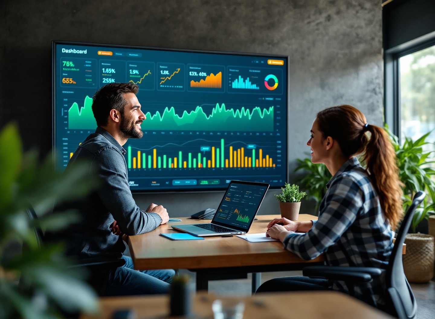 Pare de usar planilhas genéricas: como personalizar sua gestão financeira em 5 passos práticos 3 Profissionais revisando dashboard financeiro personalizado em tela grande no escritório