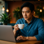Jovem empreendedor consultando regime tributário em café moderno
