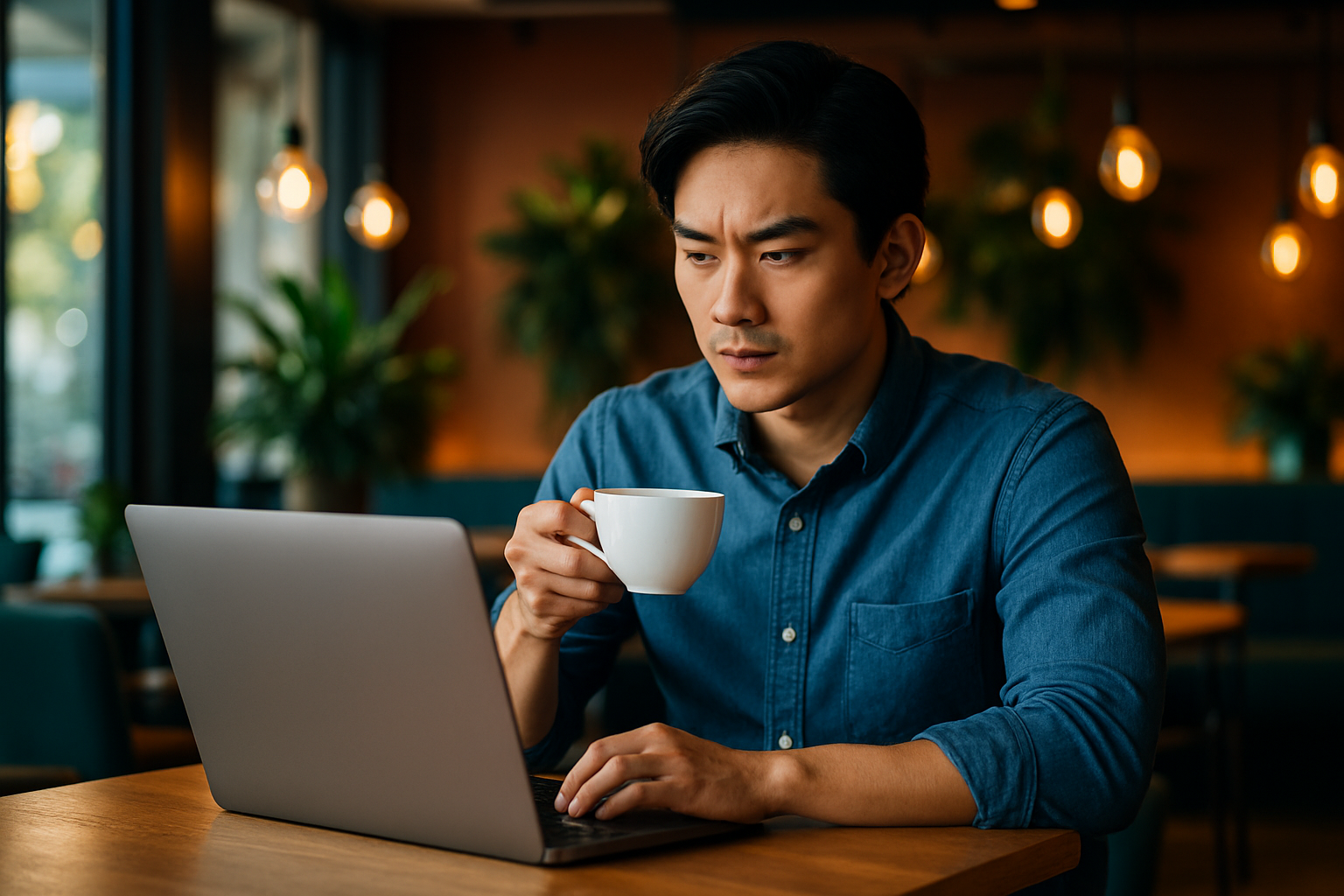 Jovem empreendedor consultando regime tributário em café moderno