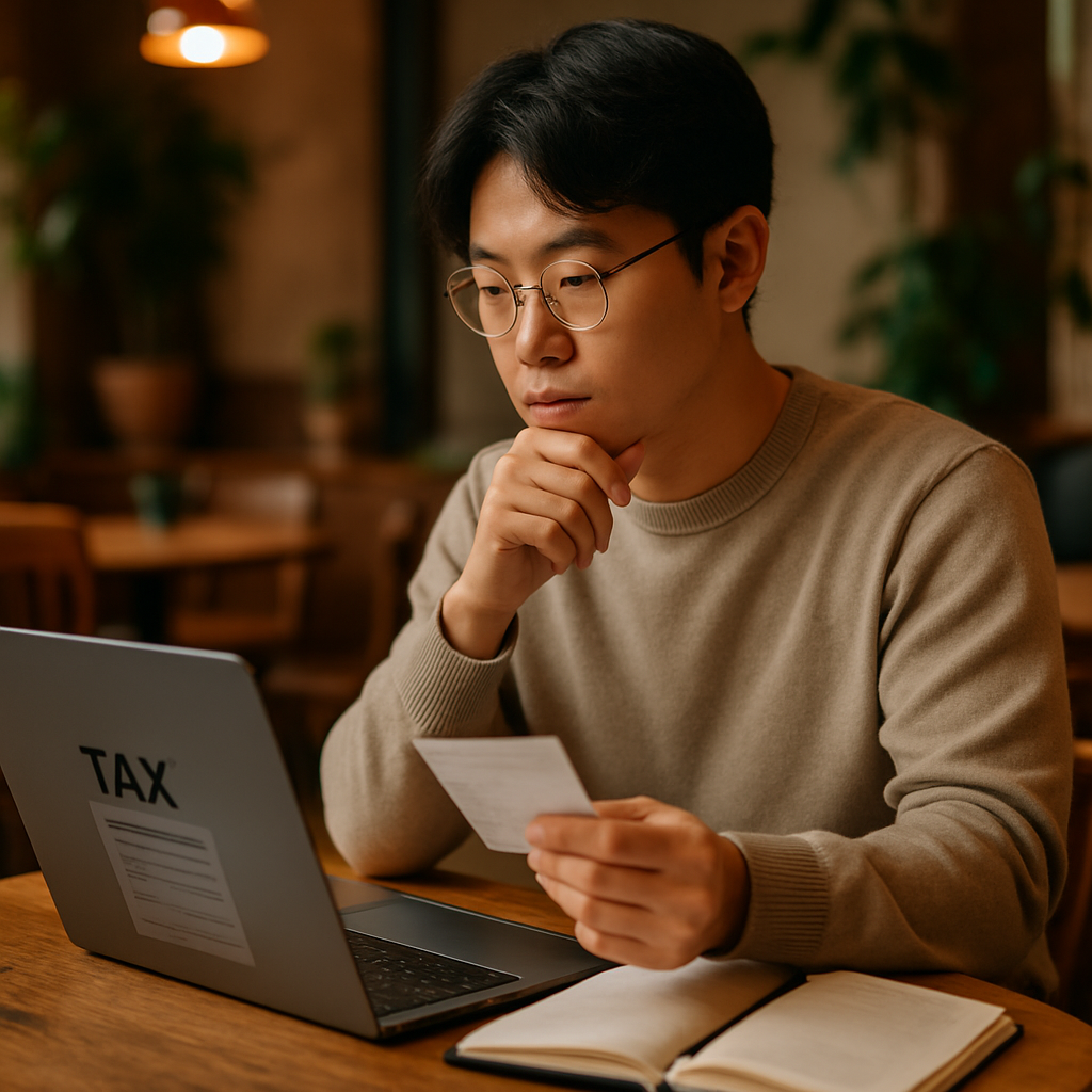 Empreendedor consultando informações fiscais em um café