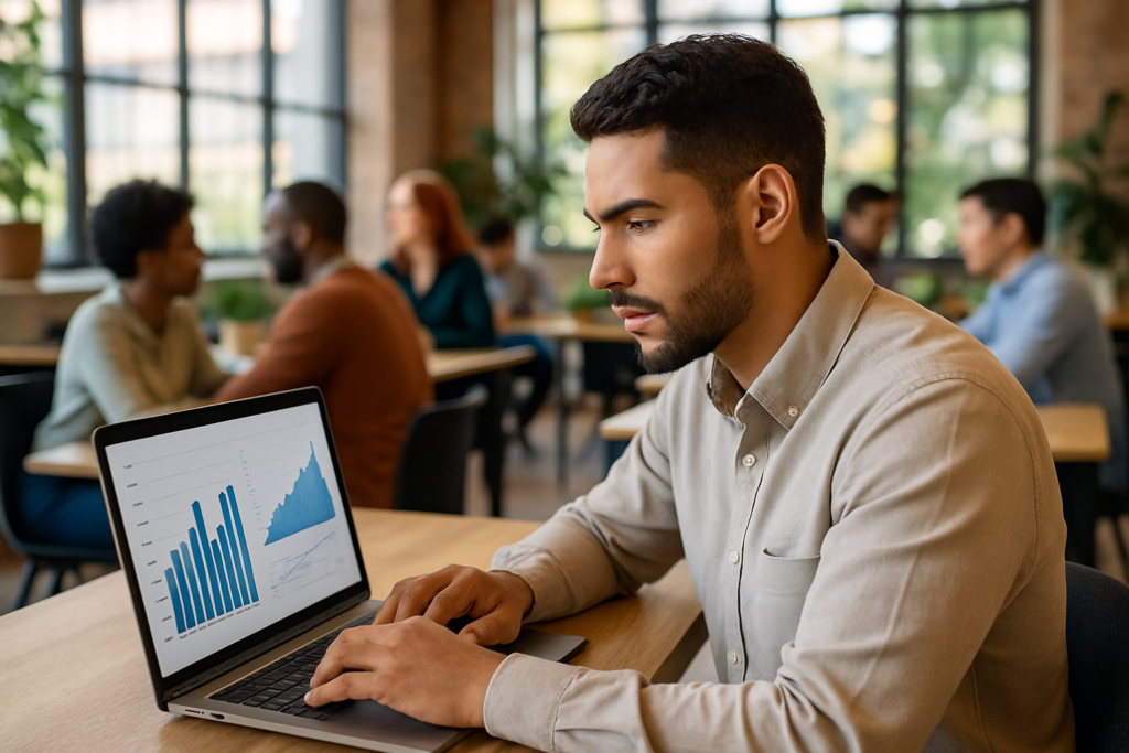 Jovem empresário analisando gráficos em coworking.