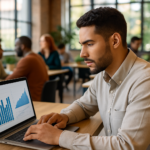 Jovem empresário analisando gráficos em coworking.