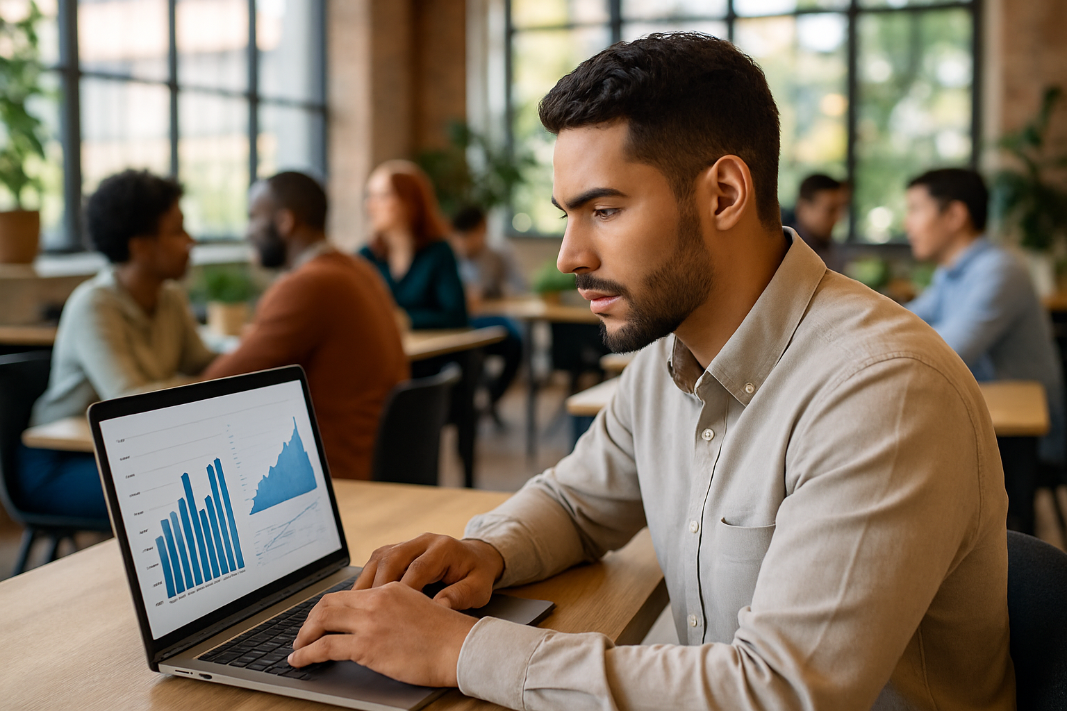 Jovem empresário analisando gráficos em coworking.