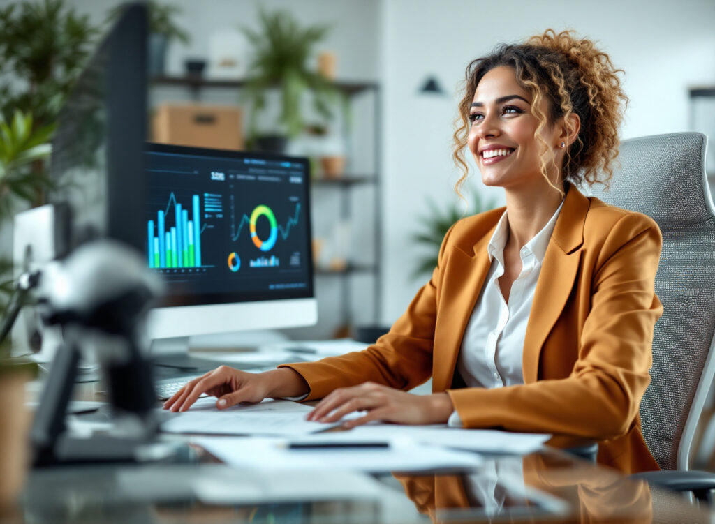 Empreendedora compreendendo diferença entre custos e despesas em escritório moderno com gráficos financeiros