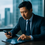 Empresário consultando informações financeiras pelo smartphone.