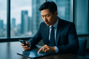 Empresário consultando informações financeiras pelo smartphone.