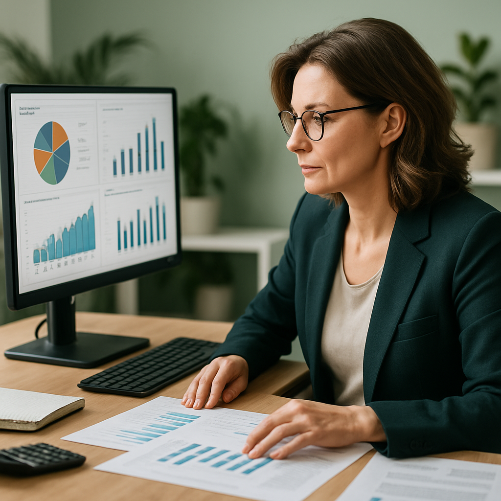 Simplifique Sua Consulta de Regime Tributário com Estas Estratégias 3 Contadora analisando gráficos e relatórios financeiros