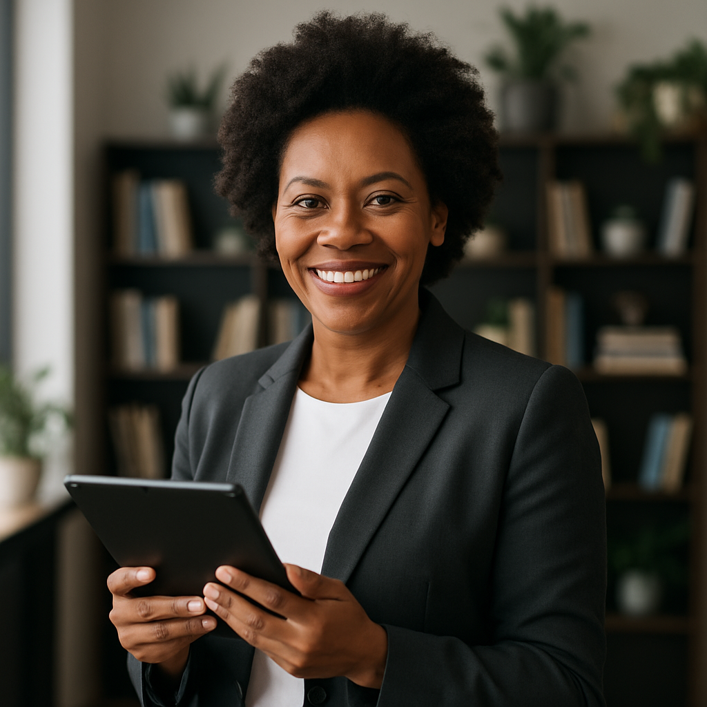 Empresária sorrindo com tablet em escritório moderno.