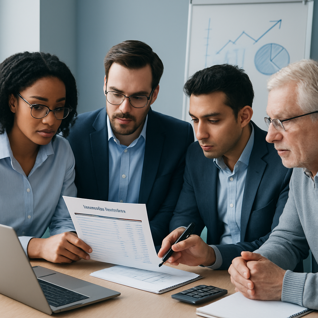 Equipe de contadores discutindo planilha DRE
