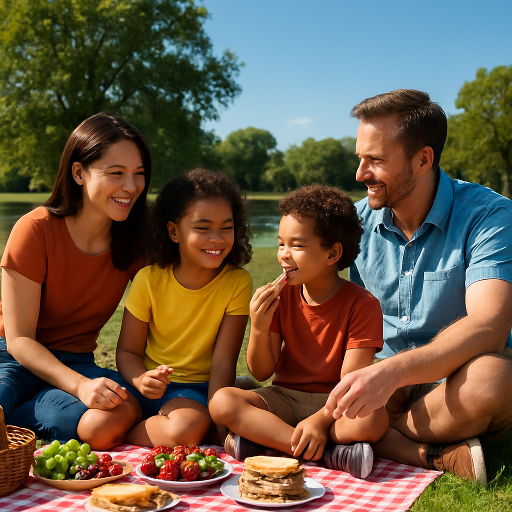 Família em piquenique em parque, simbolizando segurança e bem-estar proporcionados pela previdência social.