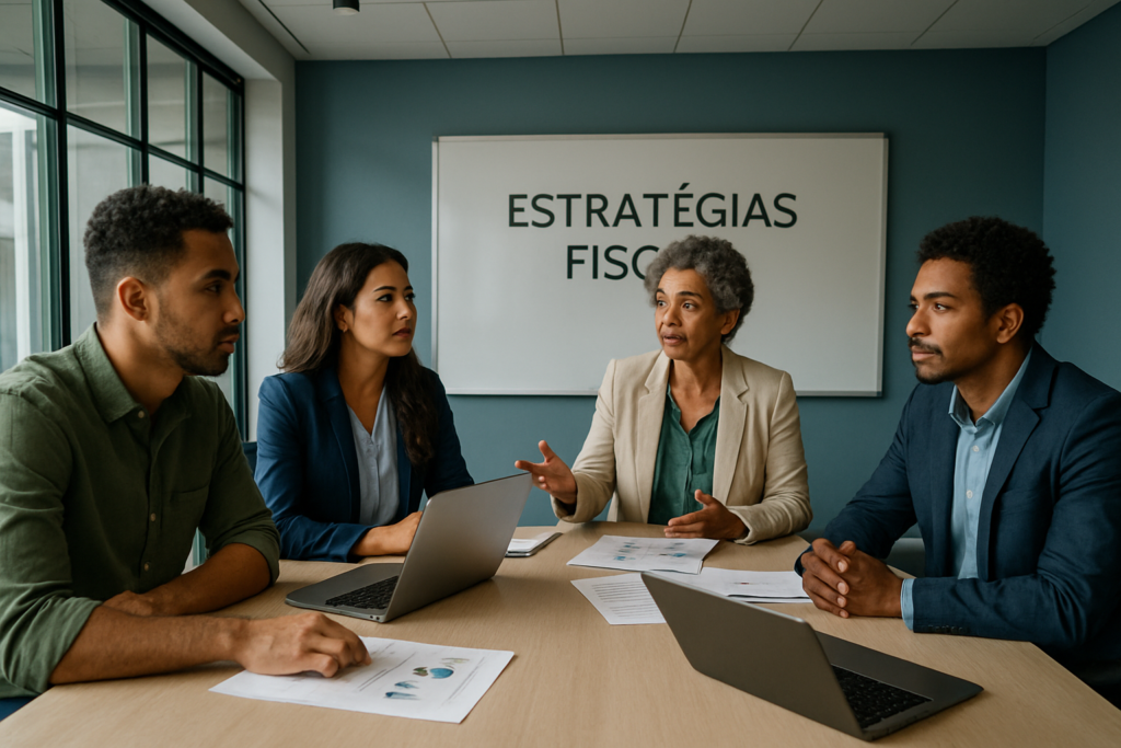 Empreendedores discutindo estratégias fiscais em sala de reuniões moderna