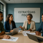 Empreendedores discutindo estratégias fiscais em sala de reuniões moderna