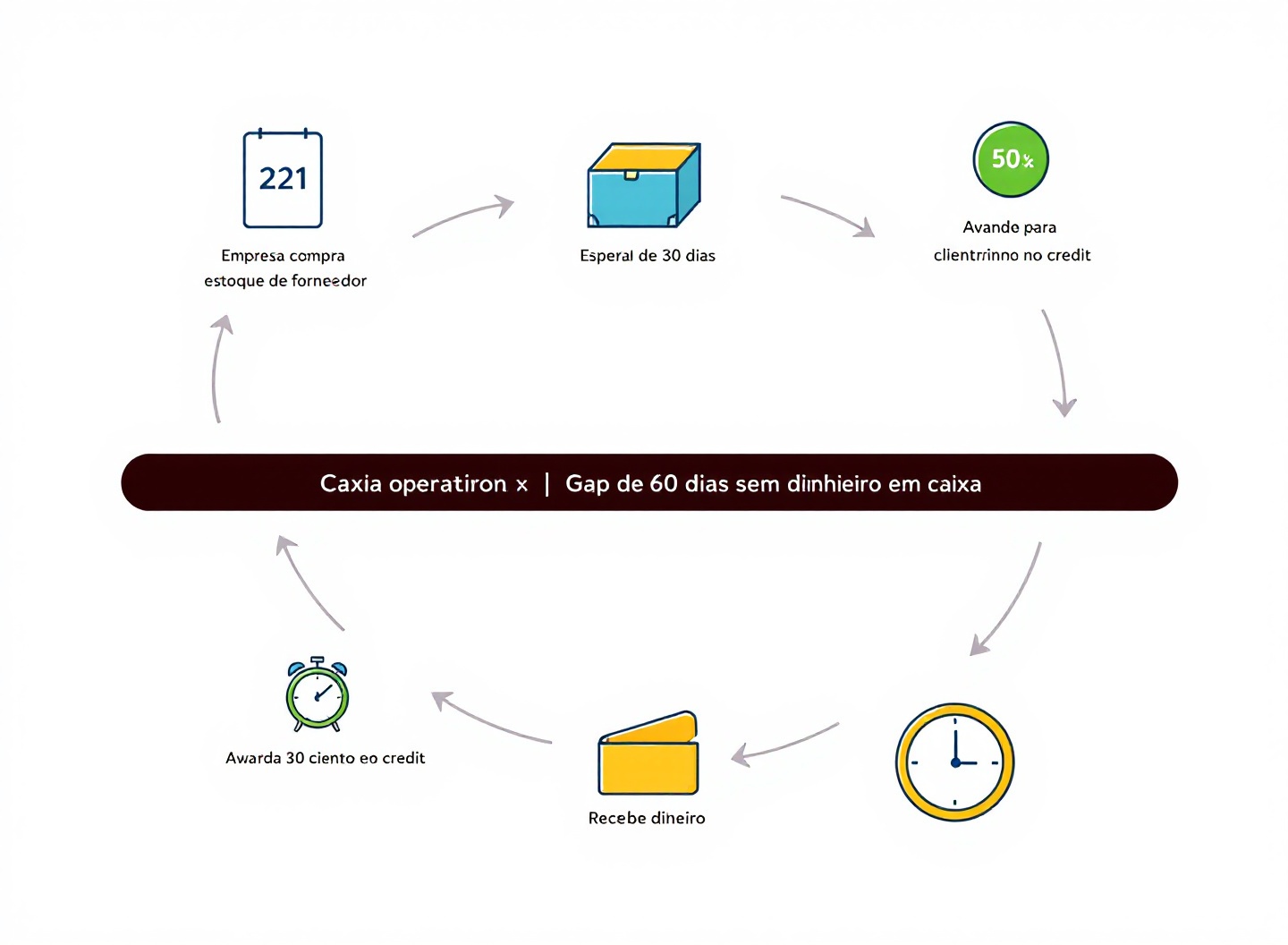 ciclo de caixa operacional mostrando gap entre pagamento a fornecedor e recebimento de cliente