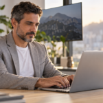 Profissional usando Claude Cowork em ambiente de trabalho moderno com iluminação natural