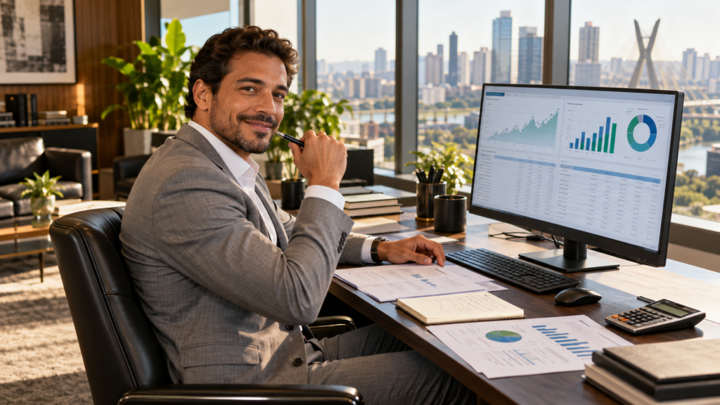 Executivo analisando métodos de valuation em planilha financeira com gráficos de fluxo de caixa projetado