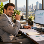 Executivo analisando métodos de valuation em planilha financeira com gráficos de fluxo de caixa projetado