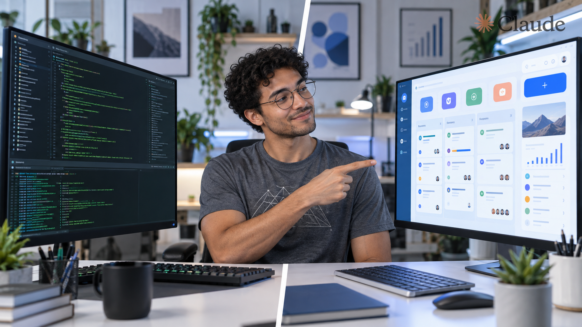 Profissionais estão migrando para Claude Cowork — descubra por que este coworking é diferente 2 Comparação visual entre interface de Claude Code e Claude Cowork em ambiente de trabalho tech