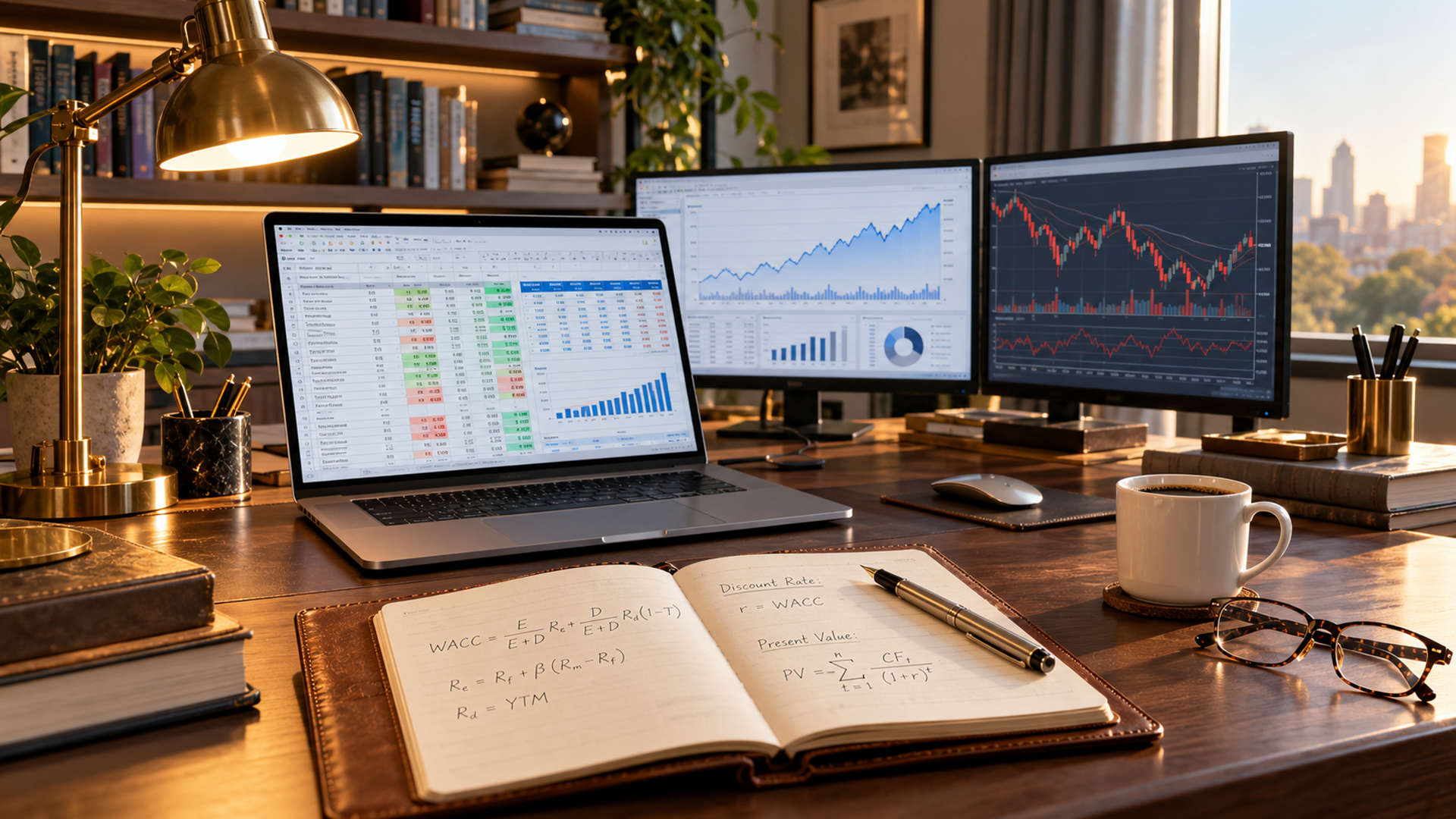 Profissional analisando valuation de empresa em múltiplos monitores com planilhas e gráficos financeiros