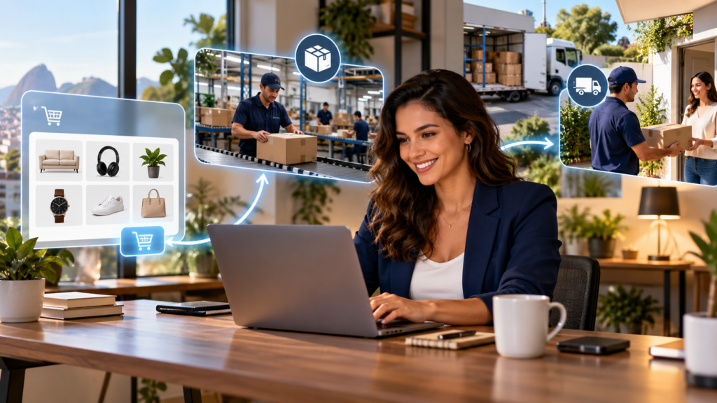 Empreendedora gerenciando uma loja online com envio direto do fornecedor ao cliente