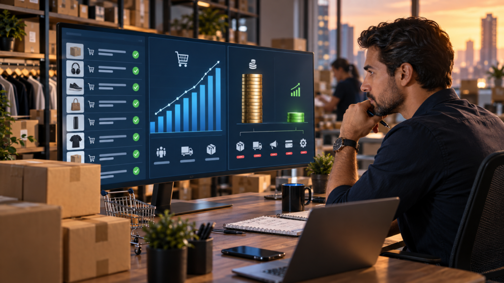 Empresário analisando a diferença entre faturamento e lucro de uma loja online.