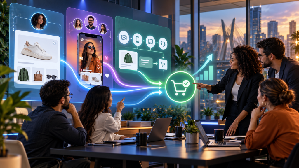 Equipe analisando tendências de marketing para aumentar a conversão de uma loja online