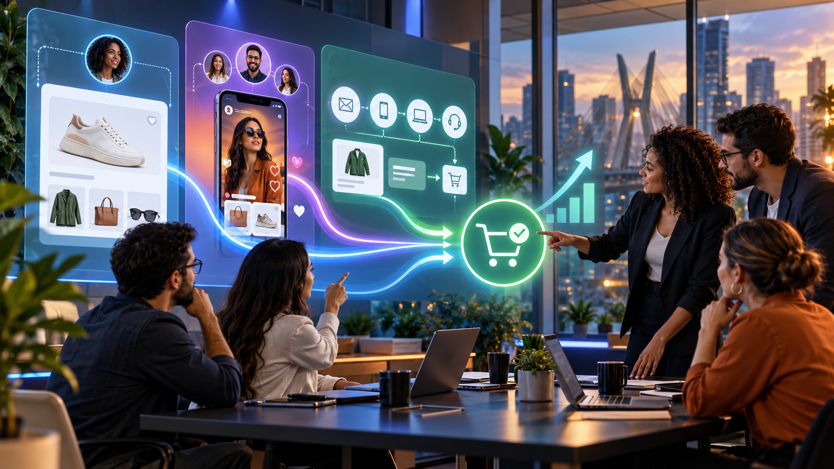Equipe analisando tendências de marketing para aumentar a conversão de uma loja online