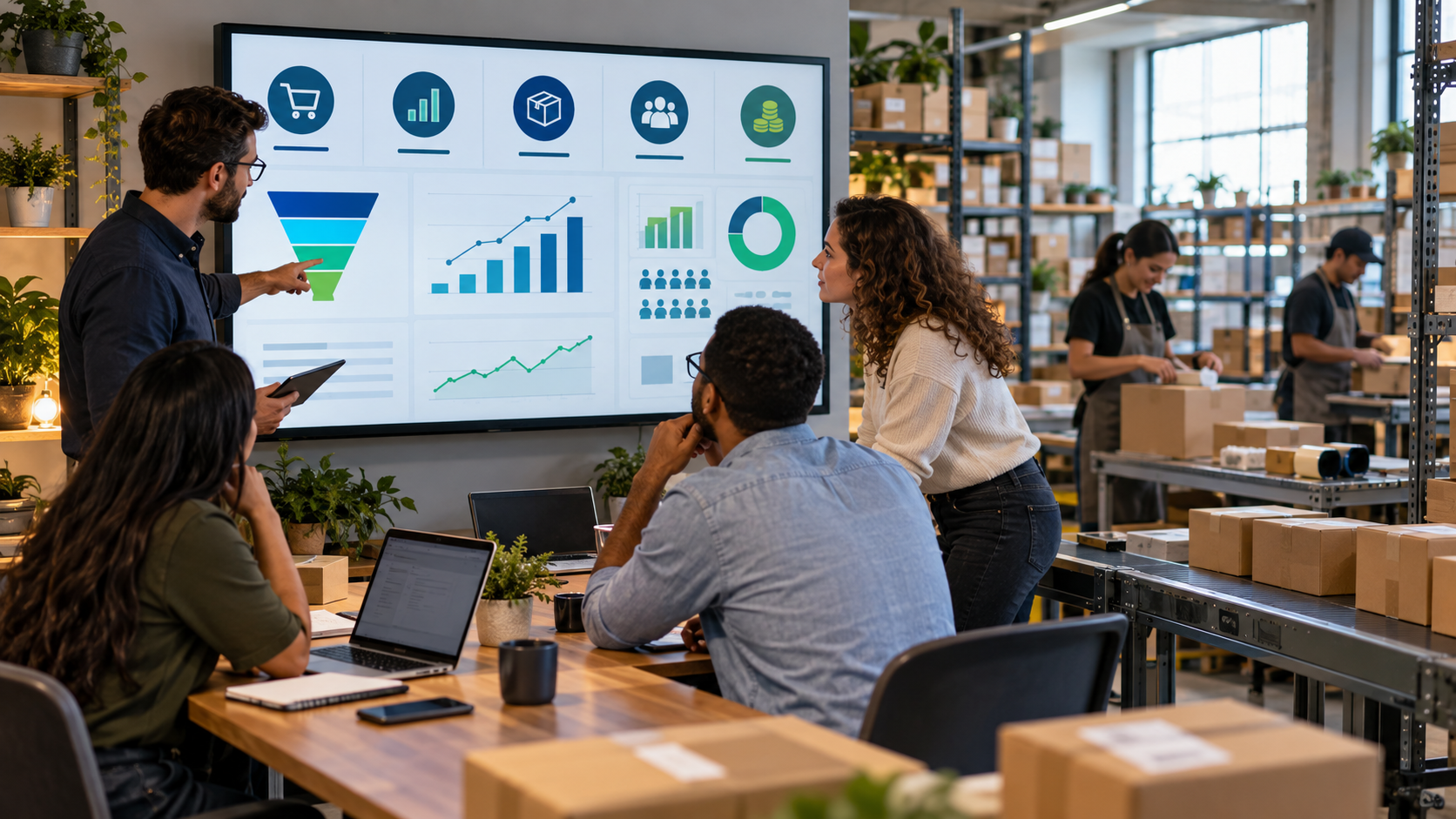 Equipe organizando vendas, estoque e indicadores financeiros de uma loja online.