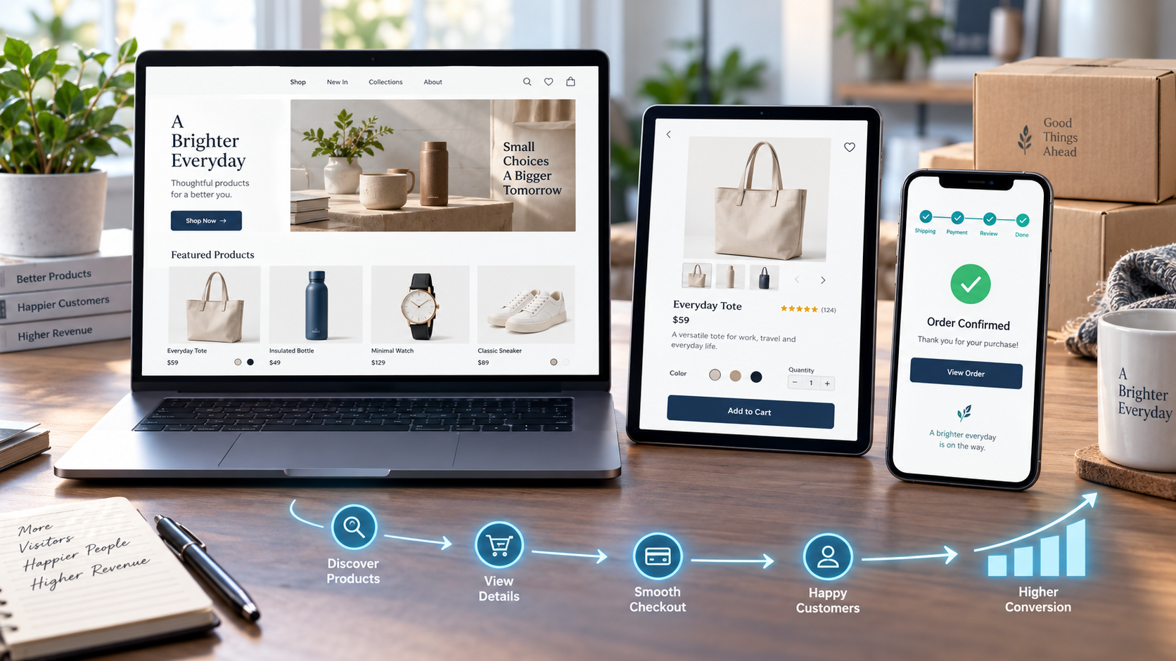 Loja virtual responsiva proporcionando uma jornada de compra rápida em diferentes dispositivos.