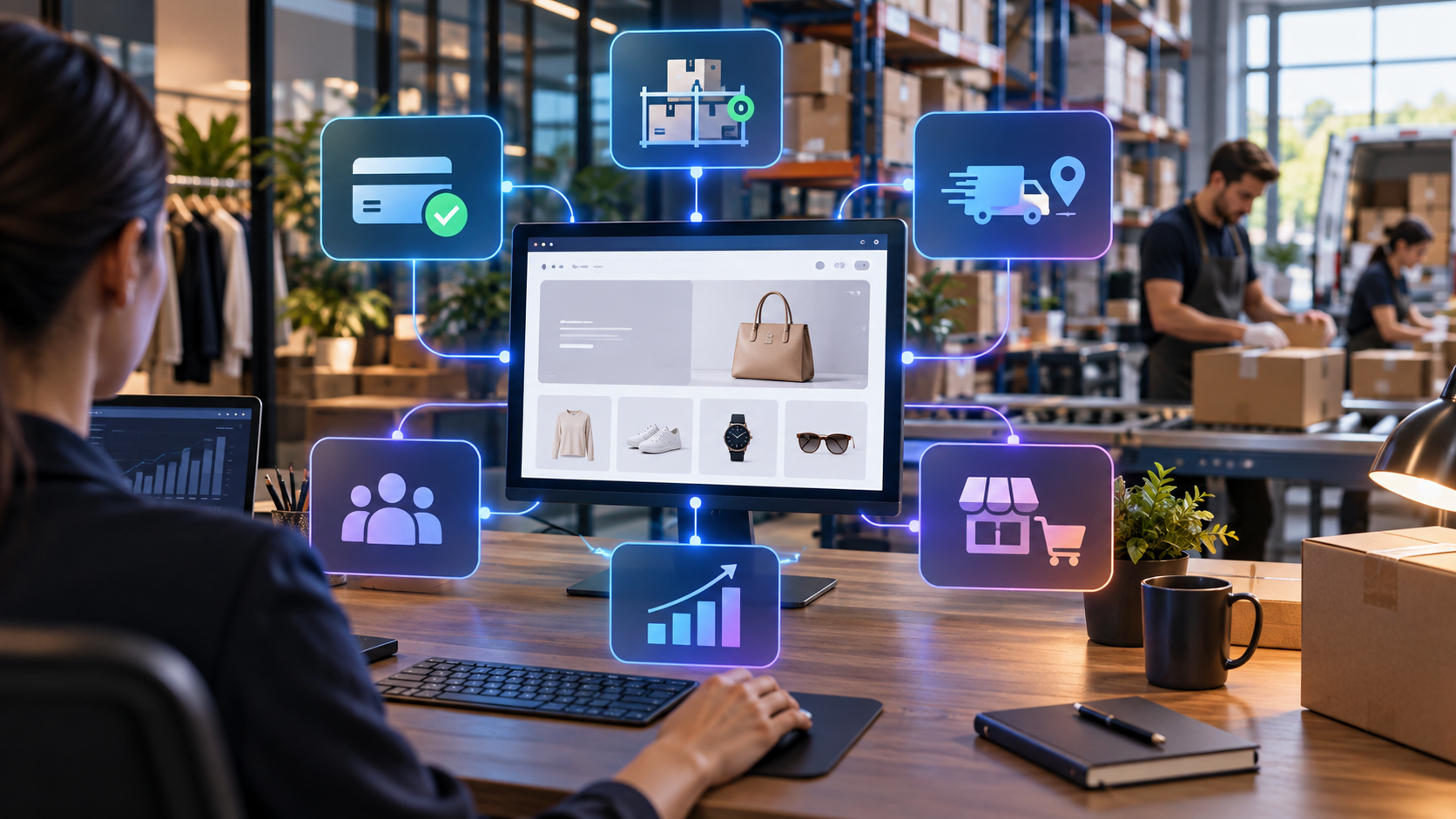 Plataforma de e-commerce integrada a pagamentos, estoque, logística e gestão de clientes.