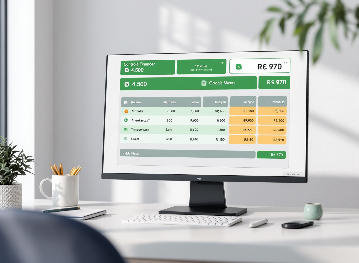 Pare de Perder Dinheiro: O Guia Definitivo de Planilhas para Organizar suas Finanças Pessoais 3 Planilha de controle financeiro em Google Sheets com dados organizados em categorias de receita e despesa