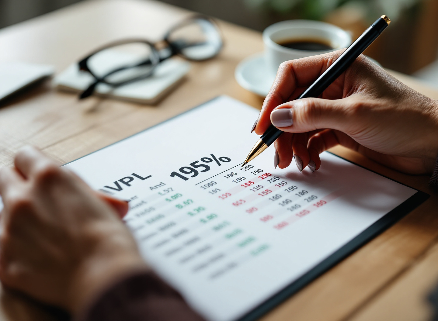 Pare de adivinhar rentabilidade: aprenda a calcular o valor presente líquido em 10 minutos 3 Mulher analisando tabela de cálculo do valor presente líquido com caneta, detalhe de mãos em trabalho financeiro