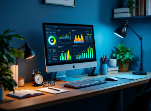 Calculadora financeira online em computador com gráficos de orçamento e controle de despesas