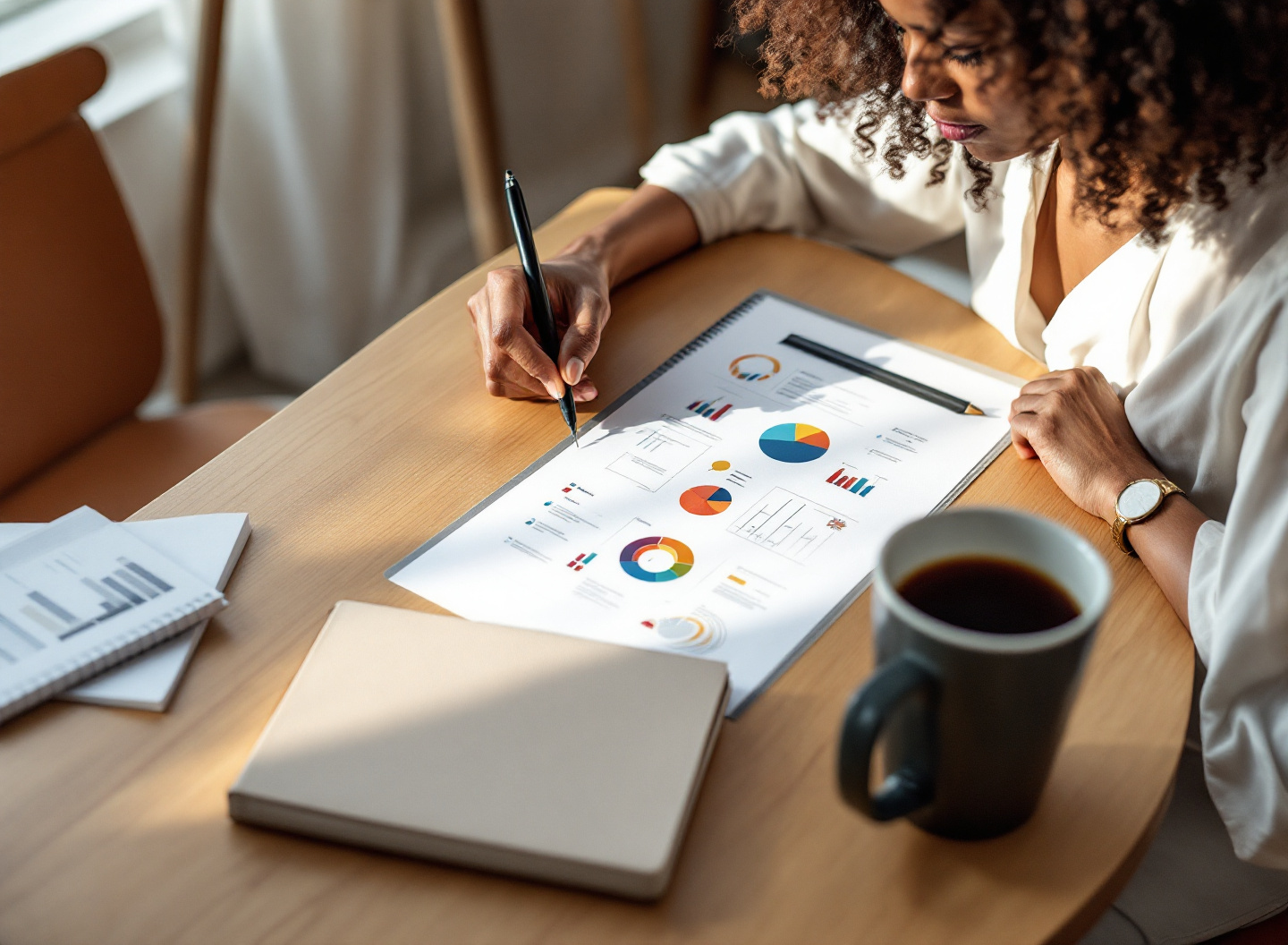 Mulher analisando planilha de gastos mensais em mesa de trabalho com organização financeira