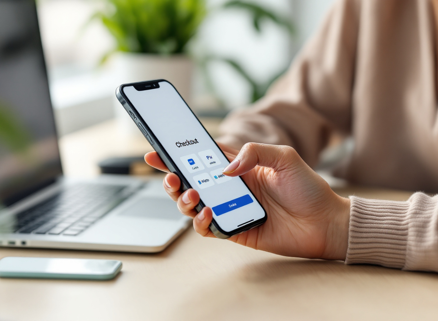 Pare de Perder Vendas: O Guia Definitivo de Meios de Pagamento para Aumentar Conversões 1 Mulher analisando opções de meios de pagamento em tela de checkout de e-commerce no smartphone