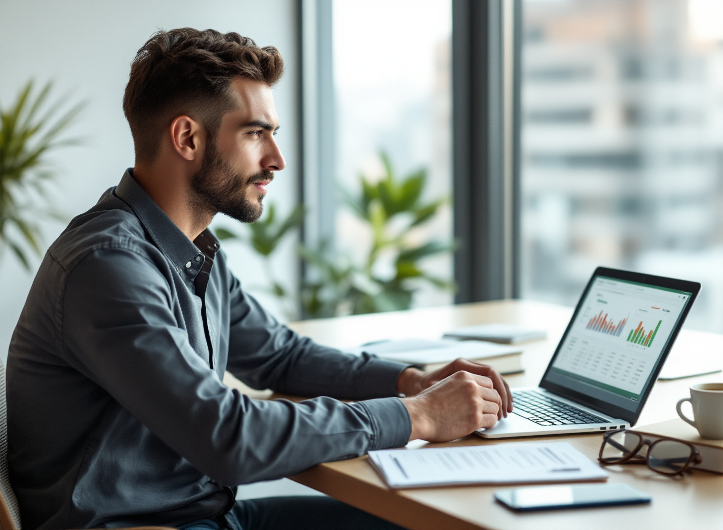 Faturamento Não é Lucro: O Guia Definitivo de Fluxo de Caixa no Excel para Pequenas Empresas 1 Empreendedor analisando fluxo de caixa em planilha Excel com gráficos e dados financeiros em escritório moderno