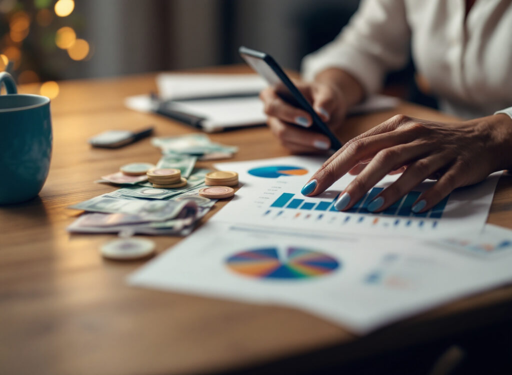 Planilha de gastos mensais organizada com gráficos coloridos, moedas e smartphone mostrando controle financeiro profissional