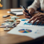Planilha de gastos mensais organizada com gráficos coloridos, moedas e smartphone mostrando controle financeiro profissional
