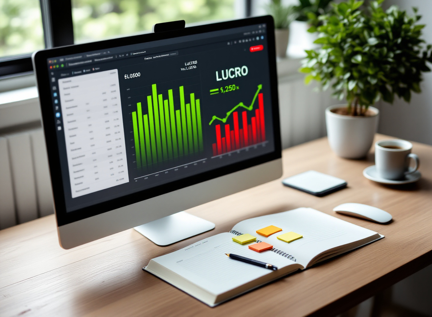 Tela de computador exibindo gráfico de faturamento versus lucro em planilha de controle financeiro, simbolizando análise de gestão financeira