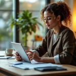 Mulher analisando planilha de controle financeiro em tablet no escritório doméstico com iluminação natural