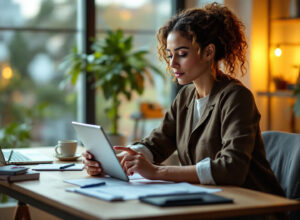 Mulher analisando planilha de controle financeiro em tablet no escritório doméstico com iluminação natural