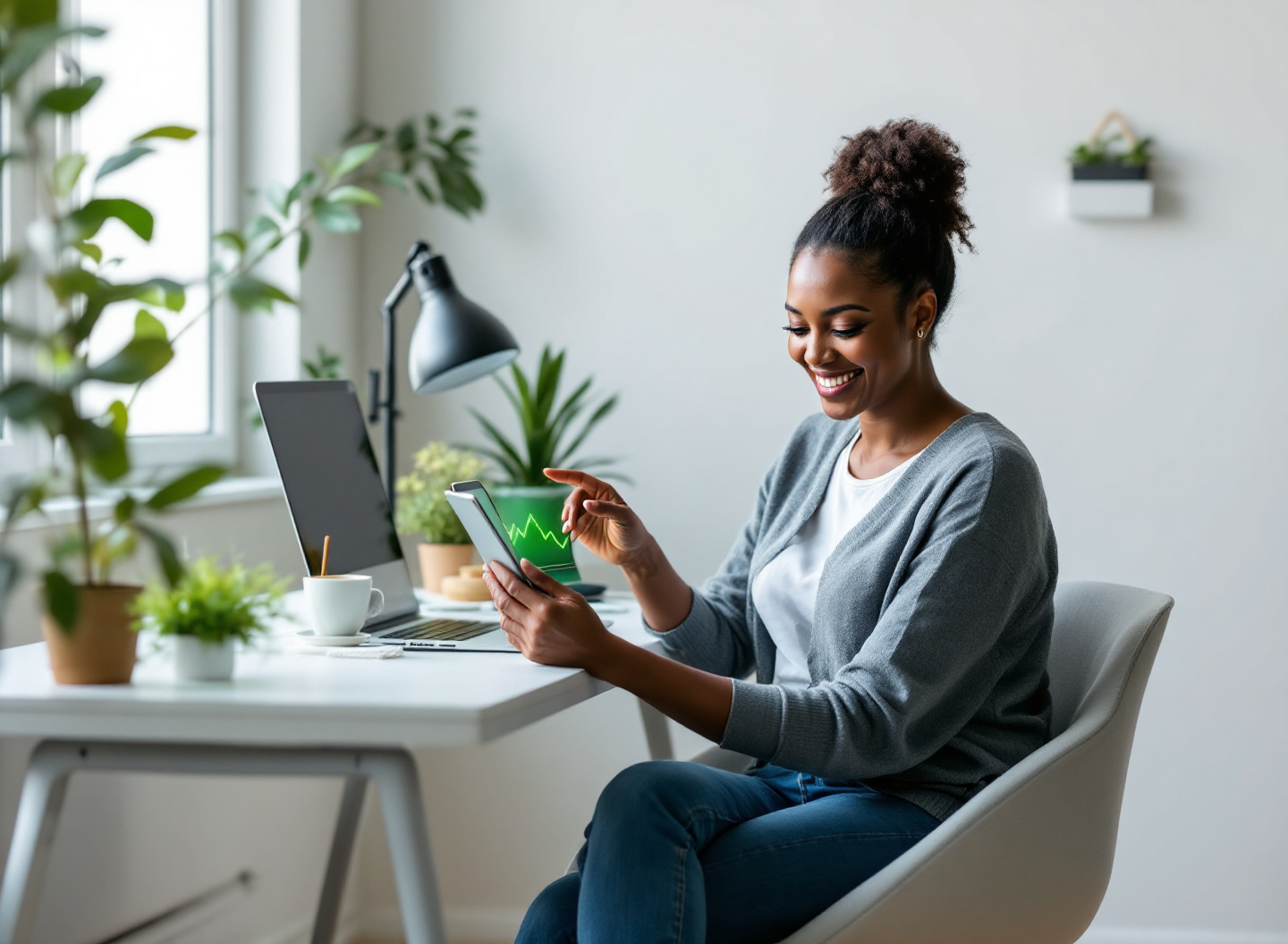 Empreendedora analisando gráfico de lucro crescente em tablet, gestão financeira e-commerce
