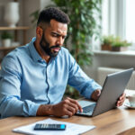 Empreendedor analisando fluxo de caixa no computador com expressão preocupada em escritório moderno