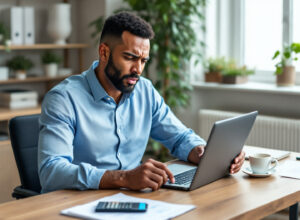 Empreendedor analisando fluxo de caixa no computador com expressão preocupada em escritório moderno