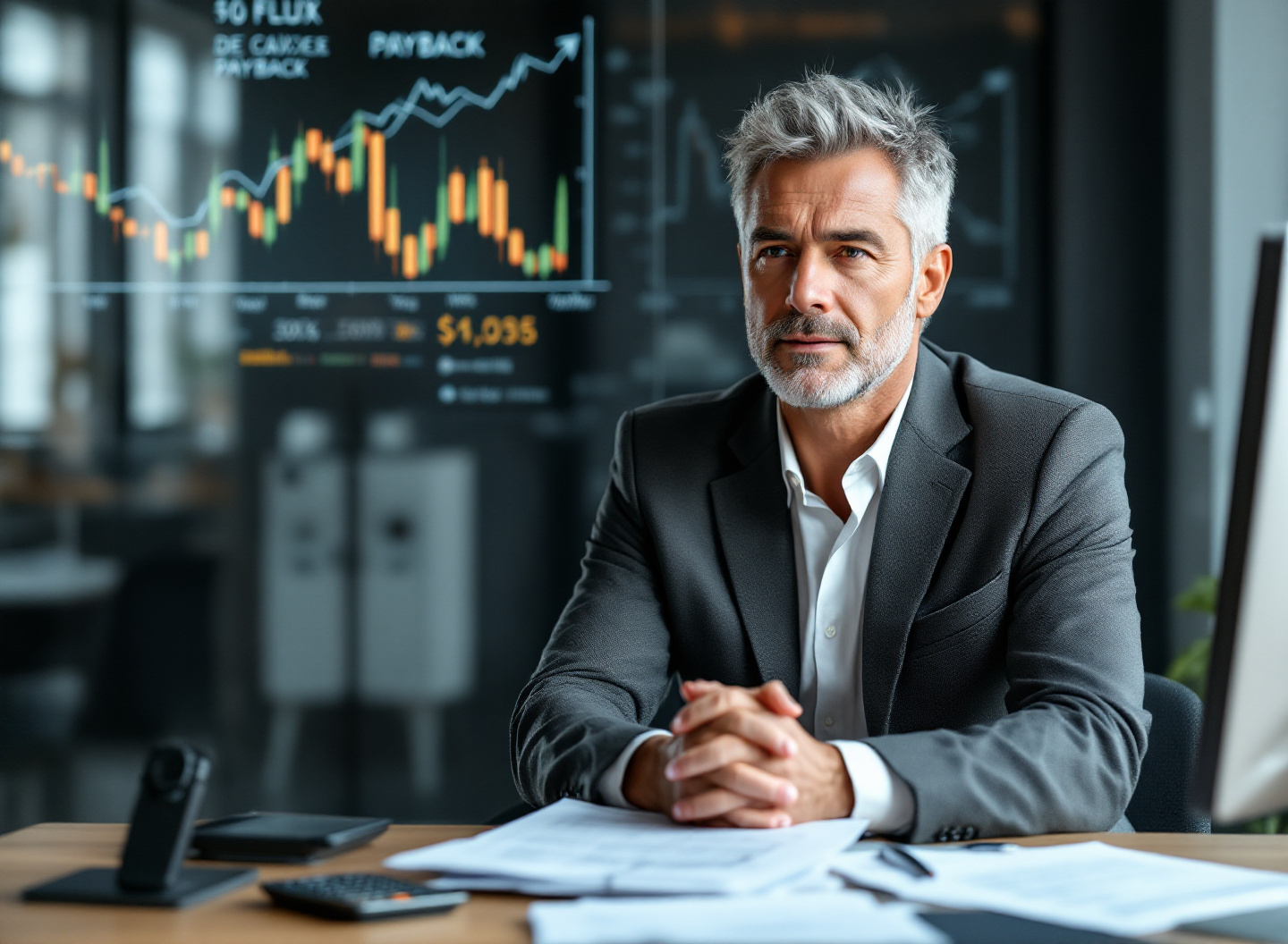 Gestor financeiro analisando fluxo de caixa e payback em parede de vidro com dados