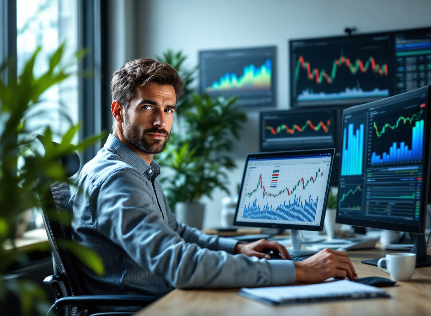 Profissional analisando planilha de investimentos em Excel com gráficos de rentabilidade e dados de análise de investimento