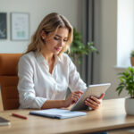 Gestora de PME analisando dados e tendências de gestão empresarial em tablet moderno