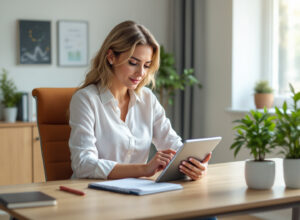 Gestora de PME analisando dados e tendências de gestão empresarial em tablet moderno